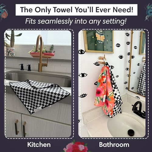 Microfiber Hand Towel & Washcloth Set, Double-Sided Waffle Weave Set of Two | Super Absorbent, Lint-Free, Fast Drying, Pia & Fonnie Pattern, Black/Pink, Bathroom, Kitchen, Car & Window Cleaning Cloth Set - color: Pia & Fonnie - Black/Pink, size: Hand Towe