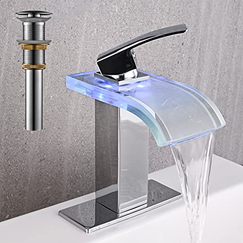 AVSIILE LED Bathroom Sink Faucet, Chrome Waterfall Single Hole Handle Vanity Faucets for Sinks 1 Hole with Metal Pop Up Drain and 2 Water Supply Lines, Wide Glass Spout - color: Chrome