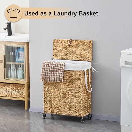 Rolling Laundry Hamper with Lid and Wheels, Slim Laundry Basket with Removable Liner Bag & 2 Mesh Bags, Handwoven Water Hyacinth Clothes Hamper for Bedroom Bathroom (Natural, 65L) - color: Natural/With Lid/65L