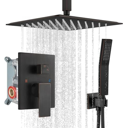 gotonovo Ceiling Shower System with Handheld Oil Rubbed Bronze,10 inch Head | Ceiling Mount Bathroom Shower Faucet Set,SUS304 Rainfall Head and Handle Set Combo,Brass Valve Trim Kit,All Metal - color: Bronze, size: 10 inch Head