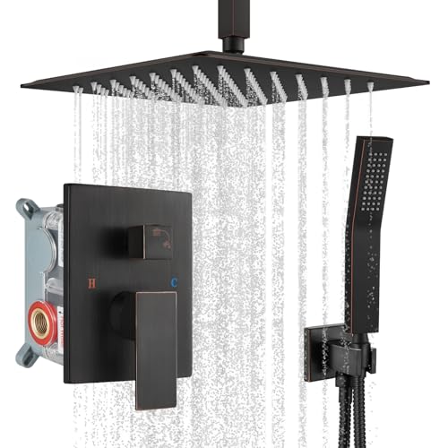 gotonovo Ceiling Shower System with Handheld Oil Rubbed Bronze,10 inch Head | Ceiling Mount Bathroom Shower Faucet Set,SUS304 Rainfall Head and Handle Set Combo,Brass Valve Trim Kit,All Metal - color: Bronze, size: 10 inch Head