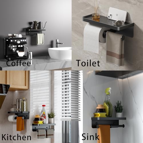 Double Toilet Paper Holder with Shelf, Commercial Toilet Paper Towel Holder Wall Mount, Tissue Roll Holder for Bathroom Kitchen RV, Double Tissue Roll Rack with Adhesive & Screw (Matte Black) - color: Black-twoside