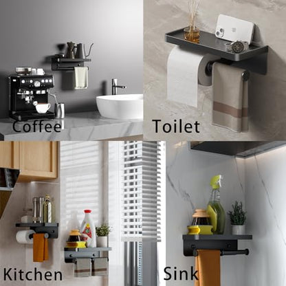 Double Toilet Paper Holder with Shelf, Commercial Toilet Paper Towel Holder Wall Mount, Tissue Roll Holder for Bathroom Kitchen RV, Double Tissue Roll Rack with Adhesive & Screw (Matte Black) - color: Black-twoside