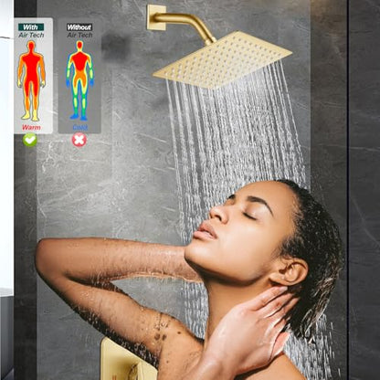 Heyalan 8-Inch Square Rain Shower Faucet Set with Valve, Brushed Gold | SUS304 stainless steel shower head, male NPT 1/2-inch valve, single-handle control, adjustable angle, 1.8 GPM - color: Gold