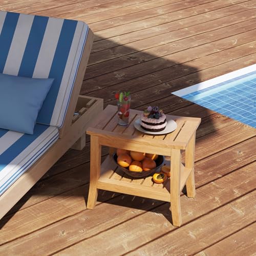 Giantex Teak Shower Bench with Shelf - Shower Stool for Elderly Seniors, Waterproof Teak Wood Non Slip Bathroom Spa Seat, Bathing Stool for Shaving Legs, Indoor & Outdoor Use, 20'' x 14'' x 18''