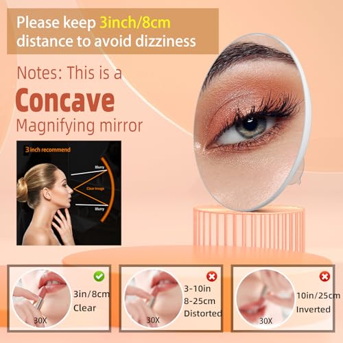 Magnifying Mirror 30X with Suction Cups, Large 6inch Travel 30X Magnified Round Makeup Mirror with High Magnification, Make up Mirror with Tweezers Sets - color: 30x -White