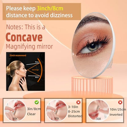 Magnifying Mirror 30X with Suction Cups, Large 6inch Travel 30X Magnified Round Makeup Mirror with High Magnification, Make up Mirror with Tweezers Sets - color: 30x -White