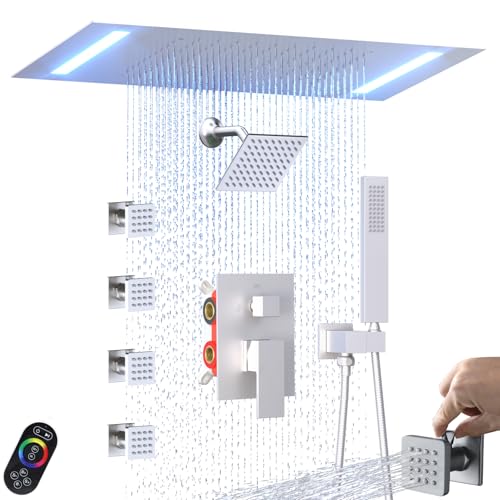 ENGA Dual Rain LED Shower System, 14"x20" Large Shower Head + 6" Wall Shower, 4 Body Jets with Individual On/Off & Adjustable Water Pressure, Rainfall Shower Faucet Set, Brushed Nickel - color: Brushed Nickel, style: 14X20" Led Shower - Body Jets