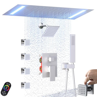 ENGA Dual Rain LED Shower System, 14"x20" Large Shower Head + 6" Wall Shower, 4 Body Jets with Individual On/Off & Adjustable Water Pressure, Rainfall Shower Faucet Set, Brushed Nickel - color: Brushed Nickel, style: 14X20" Led Shower - Body Jets