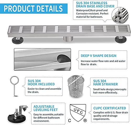 Linear Shower Drain 32 Inch, Professional Brushed SUS-304 Stainless Steel Shower Drain, 51L/Min Fast Drainage Floor Linear Drain, US Standard CUPC Certified, Brushed Silver, SD-109 - color: Brushed Silver, size: 32 Inch