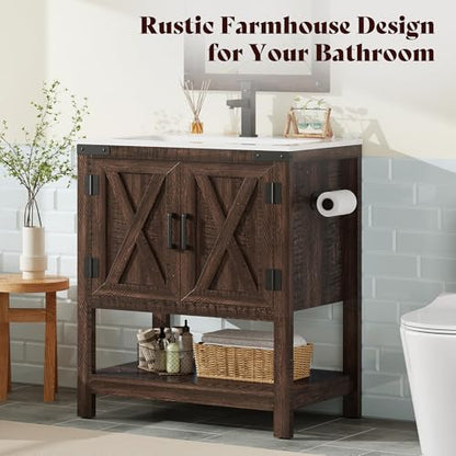 AMERLIFE 24" Brown Farmhouse Bathroom Vanity with Sink and Open Shelf | Rustic Brown, Single Solid White Integrated Top, Moisture-Resistant MDF, Barn Doors, Open Shelf, Paper Towel Holder - color: Rustic Brown, size: 24“