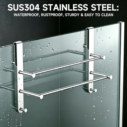 Frameless Glass Door Shower Towel Rack, Double Bar, 8 Hooks, Silver Steel | Drill-free Bathroom Towel Rack with Silent Scratch-free Pads, Ample Storage, Heavy Duty, Waterproof, Rustproof & Easy Setup