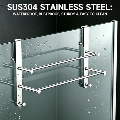 Frameless Glass Door Shower Towel Rack, Double Bar, 8 Hooks, Silver Steel | Drill-free Bathroom Towel Rack with Silent Scratch-free Pads, Ample Storage, Heavy Duty, Waterproof, Rustproof & Easy Setup