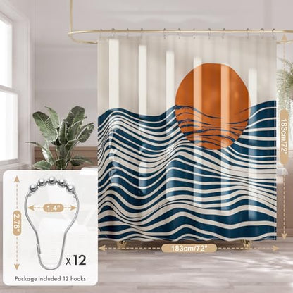 AmazerBath Boho Shower Curtain, 72x72 Washable Cloth Navy Sea and Sunset Shower Curtain with 12 Hooks, Fabric Rustic Shower Curtain Set, Farmhouse Modern Tan Shower Curtains for Bathroom Camper RV - color: B- Art Sunset+12 Metal Hooks, size: 72"W x 72"L (
