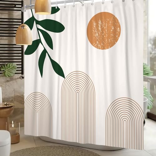 Boho Mid Century Shower Curtain Abstact Arch Sun Leaves Modern Minimalist Geometric Plant Aesthetic Shower Curtains Polyester Fabric Bathroom Decoration Curtain with Hooks 48x72 inch - color: White Green, size: 48"W x 72"L (Pack of 1)