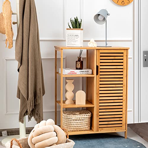 Tangkula Bamboo Bathroom Floor Cabinet, Storage Cabinet with Shutter Door and 3 Tier Shelves, Freestanding Bathroom Cabinet for Living Room Kitchen Hallway, Natural - style: Single Door