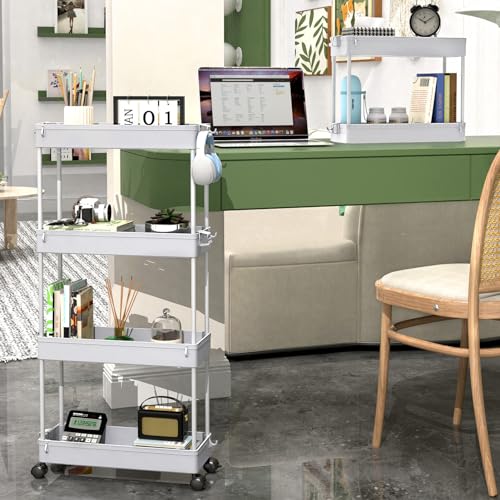SPACEKEEPER Slim Rolling Storage Cart 4 Tier Bathroom Organizer Mobile Shelving Unit Storage Rolling Utility Cart Tower Rack for Kitchen Bathroom Laundry Narrow Places, Gray | Narrow Rolling Cart with Wheels for Kitchen Office Bathroom Laundry Room,Mobile