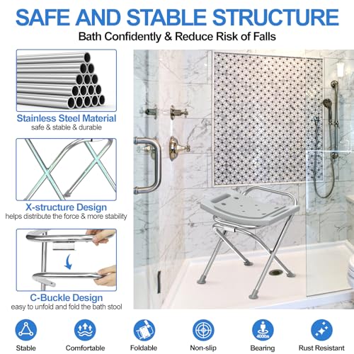 Folding Shower Chair Seat, 17.5" Stainless Steel Small Shower Chair for Inside Shower with Pad, 400lbs Portable Travel Shower Stool, Safety Anti-Slip Bath Chair for Seniors, Disabled, Gray