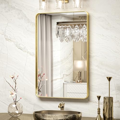 20 x 30 Inch Gold Bathroom Wall Mirror Vanity Metal Frame Round Corner Rectangular for Home Decor Living Room Entryway (Horizontal/Vertical) - color: Brushed Gold, size: 30"L x 20"W, style: Rectangle