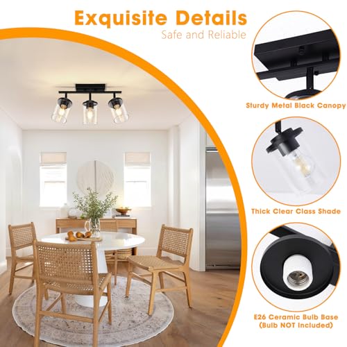 FadimiKoo 3-Lights Semi Flush Mount Ceiling Light, Adjustable Kitchen Light Fixtures Ceiling Mount with Clear Glass Shades, Rotatable Black Track Lighting Fixtures for Hallway, Foyer, Bedroom - color: Black, size: 3-Lights