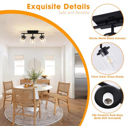 FadimiKoo 3-Lights Semi Flush Mount Ceiling Light, Adjustable Kitchen Light Fixtures Ceiling Mount with Clear Glass Shades, Rotatable Black Track Lighting Fixtures for Hallway, Foyer, Bedroom - color: Black, size: 3-Lights