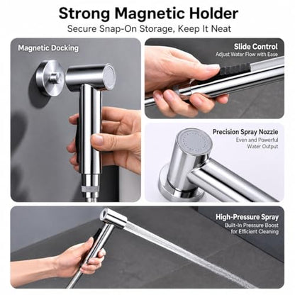 Handheld Bidet Sprayer for Toilet with Magnetic Wall Holder | ABS spray kit with adjustable water pressure, hose and T-valve for feminine hygiene, diaper cleaning and pet washing - color: Silver