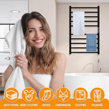 Electric Stainless Steel Warmer Rack Heated Towel Rack with 2 Hooks,Timer Temperature Multi-Level Adjustable Plug-in/Hardwired Hot Towel Rack for Bathroom Spa Gym Hotel (Black, 10-Bar) - color: Black, size: 10-Bar