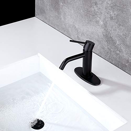 Matte Black Bathroom Faucet Single Hole, JXMMP Single Handle Bathroom Sink Faucets with Pop Up Drain and 6 inch Deck Plate and cUPC Water Supply Hose - color: Black, size: Faucet with Deck Plate