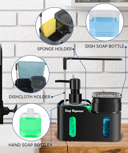 Hand Soap and Dish Soap Dispenser Set for Kitchen, Dual Soap Dispenser with Sponge Holder and Dishcloth Holder 4-in-1 Organizer for Kitchen Sink Countertop, Useful Kitchen Gadgets (Black) - color: Black