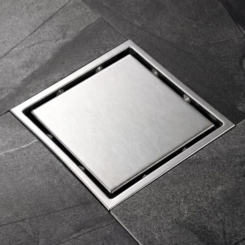 4-inch Square Tile Insert Shower Drain with Flange - SUS 304 Stainless Steel Invisible Floor Drain with Removable Cover and Strainer, Commercial Drain for Bathroom Kitchen, Nickel