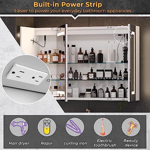 Hasuit Lighted Medicine Cabinet with Mirror, Wall Mounted Bathroom Mirror with Storage, 3 Doors Bathroom Wall Cabinet with LED Lights, 39.4'' x 23.6'' - size: 39.4'' x 23.6'' With 3 Doors