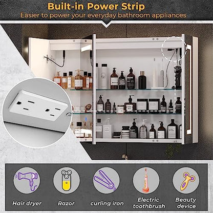 Hasuit Lighted Medicine Cabinet with Mirror, Wall Mounted Bathroom Mirror with Storage, 3 Doors Bathroom Wall Cabinet with LED Lights, 39.4'' x 23.6'' - size: 39.4'' x 23.6'' With 3 Doors