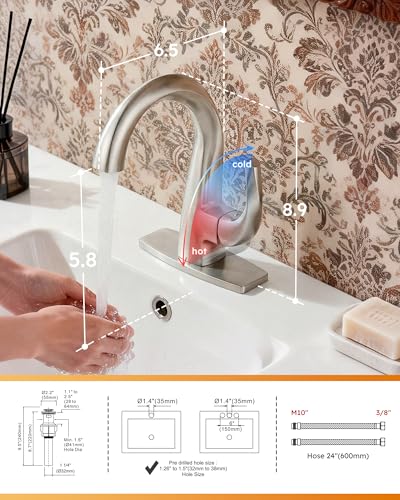 WOWOW Single Handle Bathroom Faucet, 1 Hole, High Arc, Brushed Nickel, Pop-up Drain, Solid Brass, Commercial Bathroom Sink Faucet, Basin Vanity Bar Faucet - color: Brushed Nickel