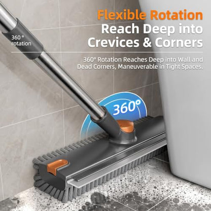 3-in-1 Floor Scrub Brush with Long Handle, Floor Scrubber with Squeegee Tweezers, Adjustable Heavy-Duty Stiff Bristle Cleaning Brush for Tile, Bathroom, Shower, Garage, Patio, Deck(Dark Grey) - color: Dark Grey