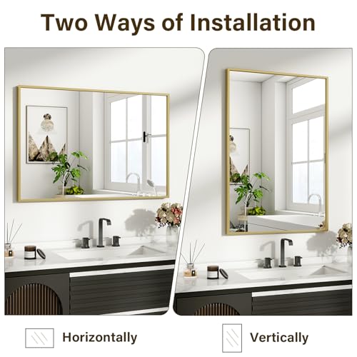 HARRITPURE 28"x20" Rectangle Bathroom Mirror, Gold Vanity Wall Mirror | Aluminum Alloy Frame Wall Mirror, Horizontal or Vertical Wall Mount for Entryway Bedroom Living Room - size: 28"L x 20"W
