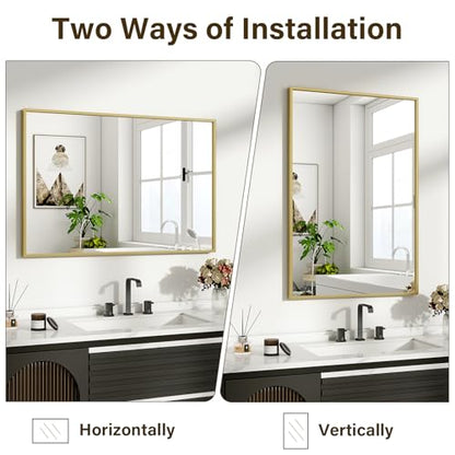 HARRITPURE 28"x20" Rectangle Bathroom Mirror, Gold Vanity Wall Mirror | Aluminum Alloy Frame Wall Mirror, Horizontal or Vertical Wall Mount for Entryway Bedroom Living Room - size: 28"L x 20"W