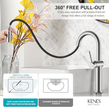 Pull Down Bathroom Faucet 1 Handle, Brushed Nickel Vessel Sink Faucet | Vessel Bowl Faucet with Pop Up Drain & Supply Lines, Lead-Free cUPC & NSF Certified, 1 Hole Faucet for Vanity RV Restroom - color: Brushed Nickel, size: Tall