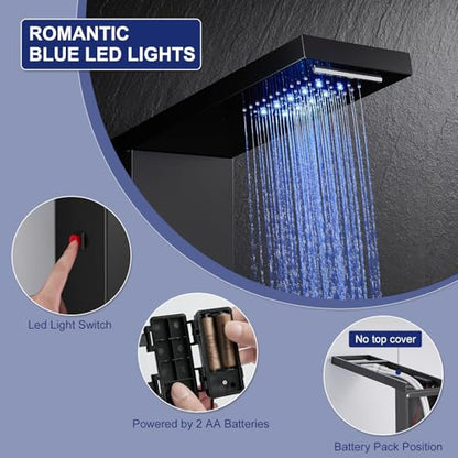 ROVATE 5 in 1 LED Rainfall Waterfall Shower Panel Tower System, Black | High Pressure Stainless Steel Shower Column with Tub Spout, Powerful Body Jets, Flexible Handheld, Brass Mixing Valve Body - style: 5 Modes-Black-2 Jets