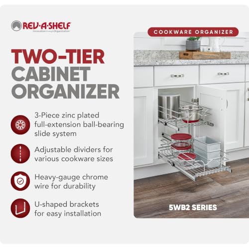 Rev-A-Shelf Pullout Organizer for Cabinets, Min Opening Width of 11.5" | Two-Tier Steel Shelf for Kitchen or Vanity Cabinet Organization, Heavy Gauge Wire Slide Out Storage Basket, 5WB2-1222CR-1 - size: 12" W x 22"D, style: Two Tier