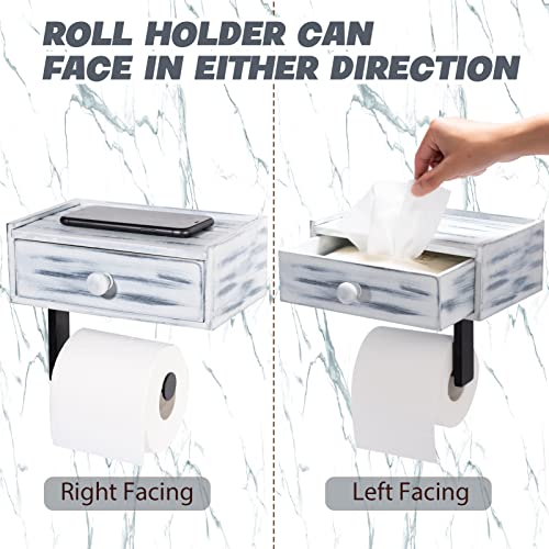 Toilet Paper Holder with Storage, Rustic Farmhouse Toilet Paper Holder with Shelf, Wall Mount, Keep Wipes Hidden Out of Sight (Rustic White)