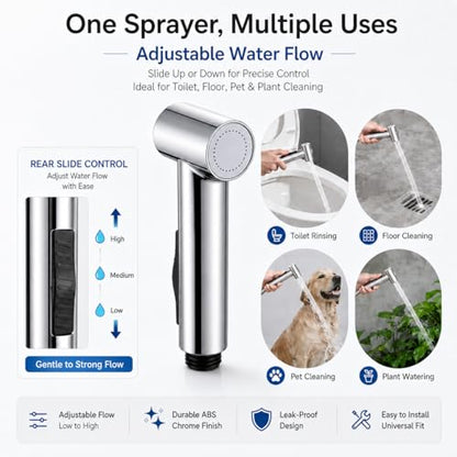 Handheld Bidet Sprayer for Toilet with Magnetic Wall Holder | ABS spray kit with adjustable water pressure, hose and T-valve for feminine hygiene, diaper cleaning and pet washing - color: Silver