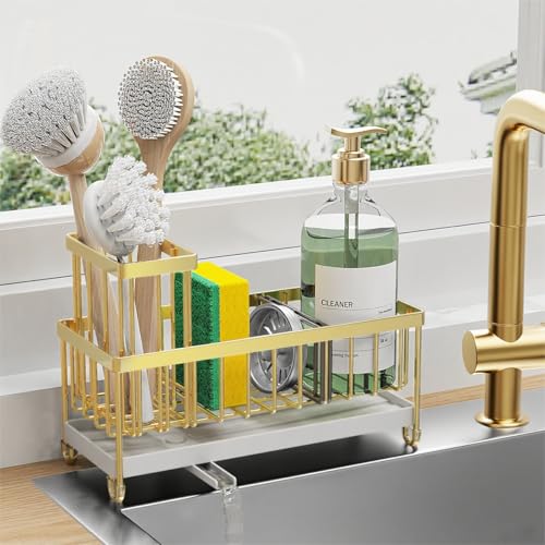 Cisily Sponge Holder for Kitchen Sink, Sink Caddy Organizer with High Brush Holder, Kitchen Countertop Organizers and Storage Essentials, Rustproof 304 Stainless Steel (Gold, 9.25″) - color: Gold - 9.25″
