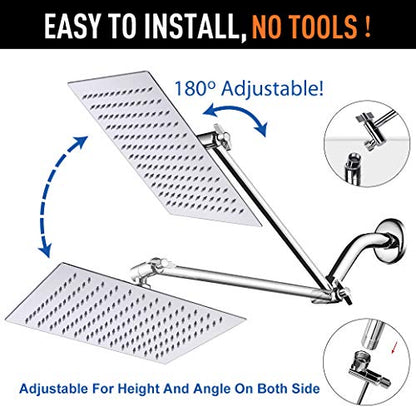 High Pressure Large Stainless Steel Square Rain ShowerHead With Shower Arm Waterfall Full Body Coverage Easy to Clean and Install (12 Inch With Arm, Chrome Finish) - color: Chrome Finish, size: 12 Inch With Arm