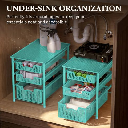 Simple Houseware Stackable 3 Tier Sliding Basket Organizer Drawer, Turquoise (Pack of 2) - color: Turquoise, size: 3-Tier (Pack of 2)
