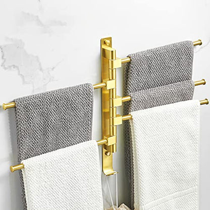 ZHOUXIAO Gold Swing Out Towel Bar Holder/Gold Finish Swivel Multiple Towel Rack for Bathroom or Kitchen, Metal Towel Bar Folding Arm Swivel Hanger Bathroom Storage Wall Mount 5Bars