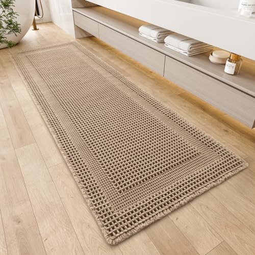 AMOAMI Waffle Bath-Mat, Absorbent Bath Mats for Bathroom Non Slip, Machine Washable Bathroom Rugs with Tassels Ultra Soft Boho Bath Rugs for Floor 2'x6'(24"x72") Beige - color: Beige, size: 24"x72"