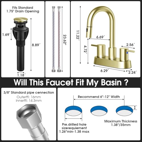 Brushed Gold Bathroom Faucet with Pull Out Sprayer, Dual-Function Spout Gold Bathroom Sink Faucets, 4 Inch Two Handle Utility Sink Faucet with Sprayer 3 Hole, Easy Pet Shower, RVs - color: Gold