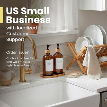 Maisonovo Dish Soap Dispenser Set - Amber Soap Dispenser Black Bamboo Pumps | Glass bottles for body wash, lotion, shampoo or conditioner · Sink, bathroom or countertop · Tray, 16.9 oz each - color: Amber Bottles Black Bamboo Pumps