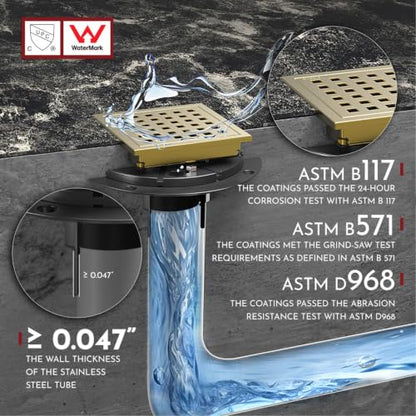 4 Inch Square Shower Floor Drain with Flange,Quadrato Pattern Grate Removable,Food-Grade SUS 304 Stainless Steel,Watermark&CUPC Certified, Brushed Gold - color: Brushed Gold, size: 4 Inch