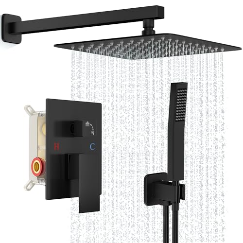 FPXRNG Shower Faucet Set Rainfall Shower System with Square Shower Head and Handle Set Rough-in Valve and Metal Trim Kit Included Matte Black 12 Inch Wall Mounted Shower Fixtures - color: Matte Black, size: 12 Inch Wall Mount Shower Head
